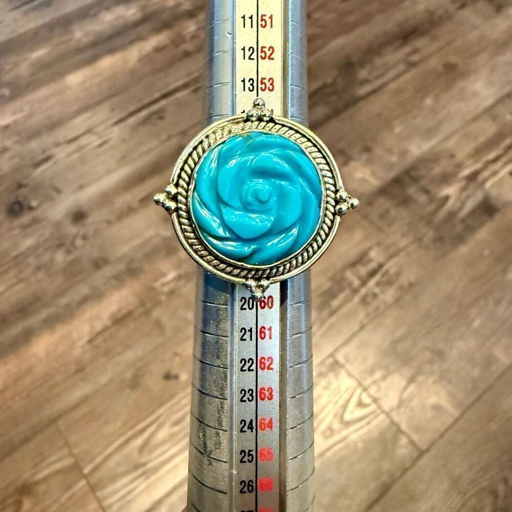 Turquoise Carved Rose Flower Round Framed  Statement Ring Sterling Silver New